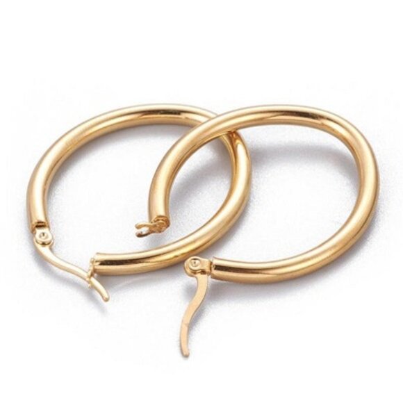 1 1/2 Inch 38mm Hoop Gold Pierced Post Earrings 3mm Wide Band - Picture 4 of 4